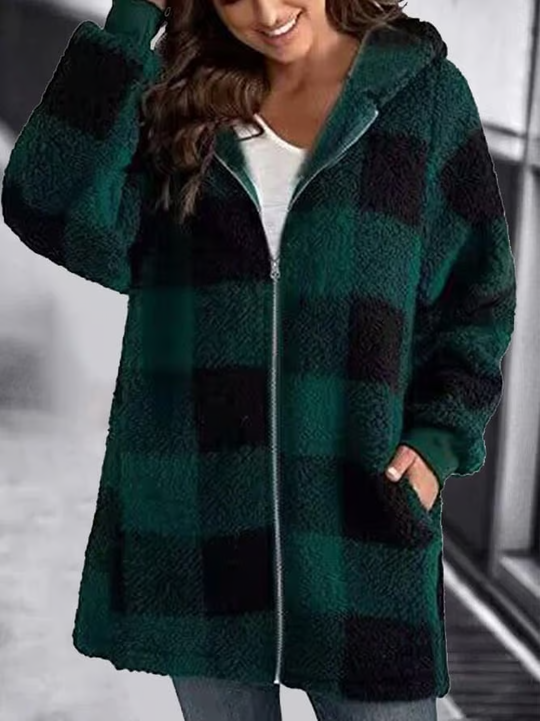 Cappotto ampio da donna con cappuccio e fantasia a quadri