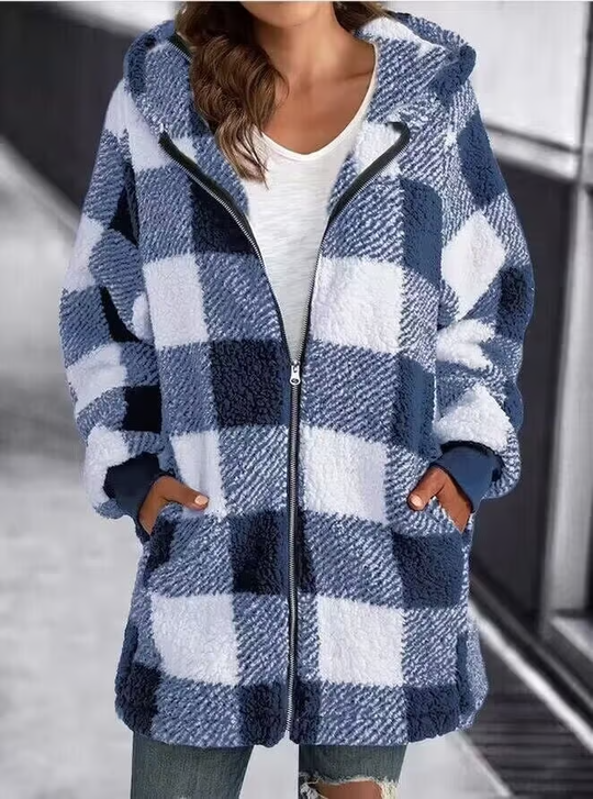 Cappotto ampio da donna con cappuccio e fantasia a quadri